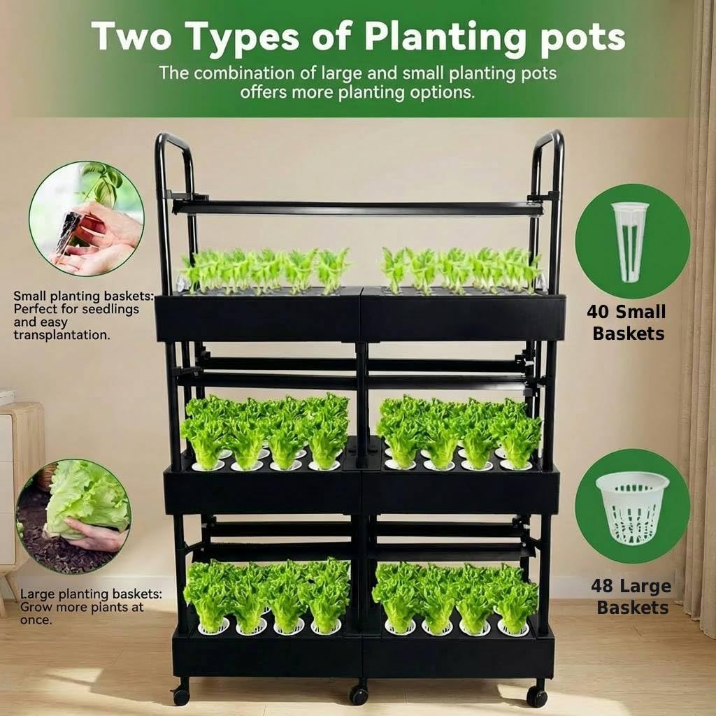 3-Tier Hydroponics Growing System, 88 Pods with LED Grow Lights | 3-tier, dual pump, dual medium, 88 pods, full
