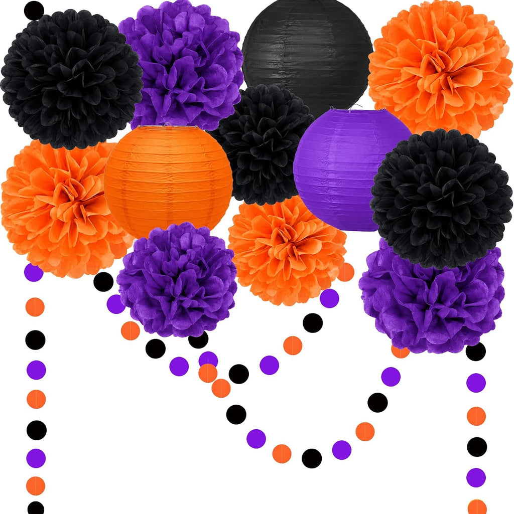 14 Pcs Halloween Party Decorations, Black Purple Orange Pom Poms, Lanterns