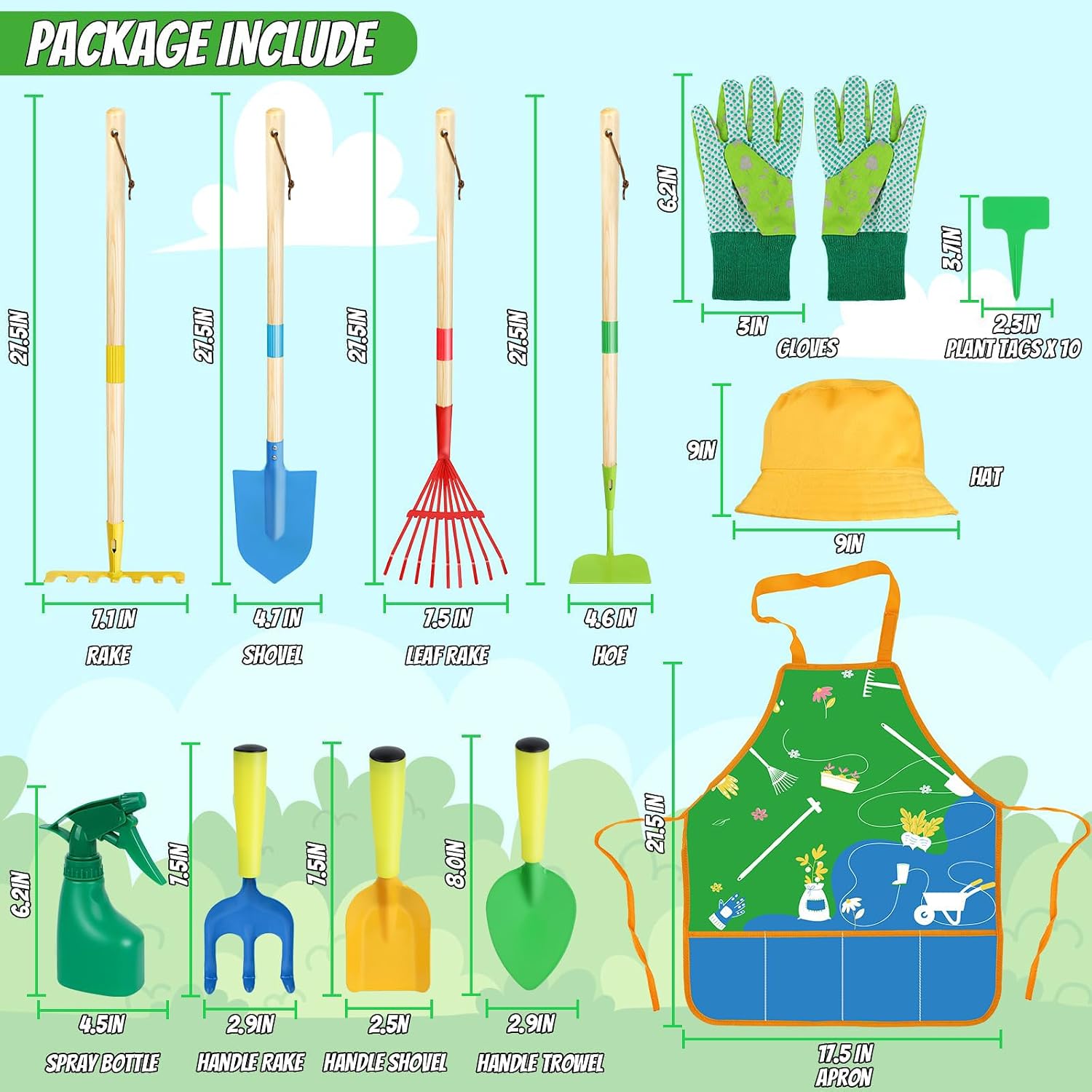 Kids Gardening Tools Set, 22 Pcs Real Metal Wood – Outdoor Toddlers Gifts | Includes Shovel Rake Hoe Leaf Rake Trowel