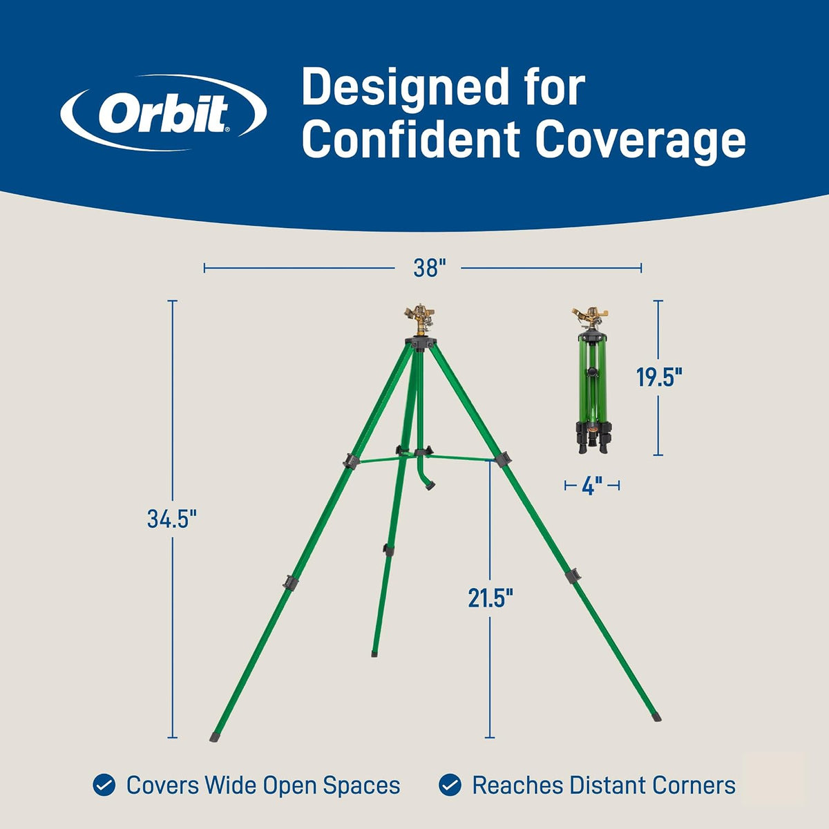 Orbit Tripod Lawn Zinc Impact Sprinkler - 360 Degree Rotating Yard Sprinkler with Adjustable Height - Heavy-Duty Zinc