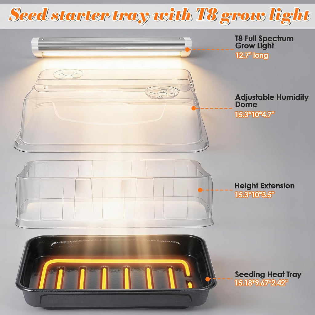 Seed Starter Tray with Grow Light and Heated Base for Faster Germination | T8 Full-Spectrum Light, 8.2in Adjustable