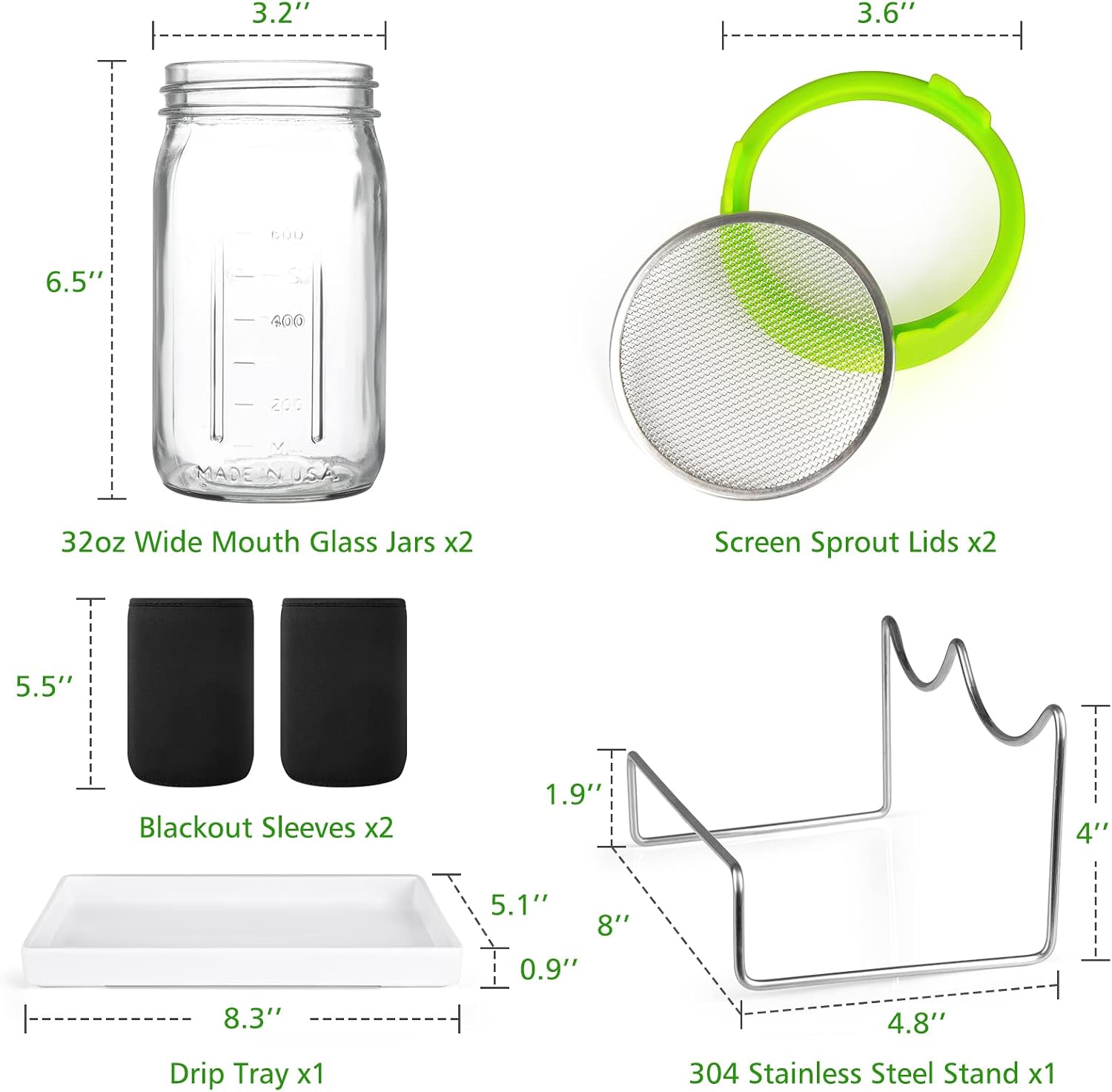 Kitmiido Seed Sprouting Kit, 2 Large Wide Mouth Mason Jars with Sprout Lids, Blackout Sleeves, Drain Tray, Stainless