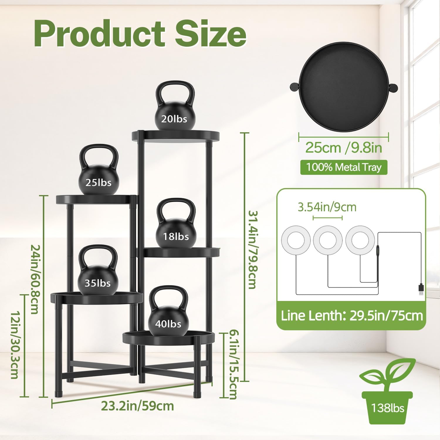 iDavosic.ly 5 Tier Large Plant Stand with Grow Light, 10 Inch Tray, Black | Tiered Metal Corner Heavy Duty Multiple