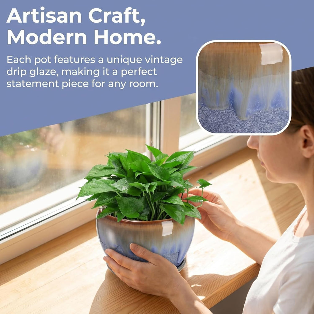 AVLA 3 Pack Ceramic Plant Pots, Gardening Drip Glazed Planters, Decorative Flower Pot with Drainage Hole and Saucer