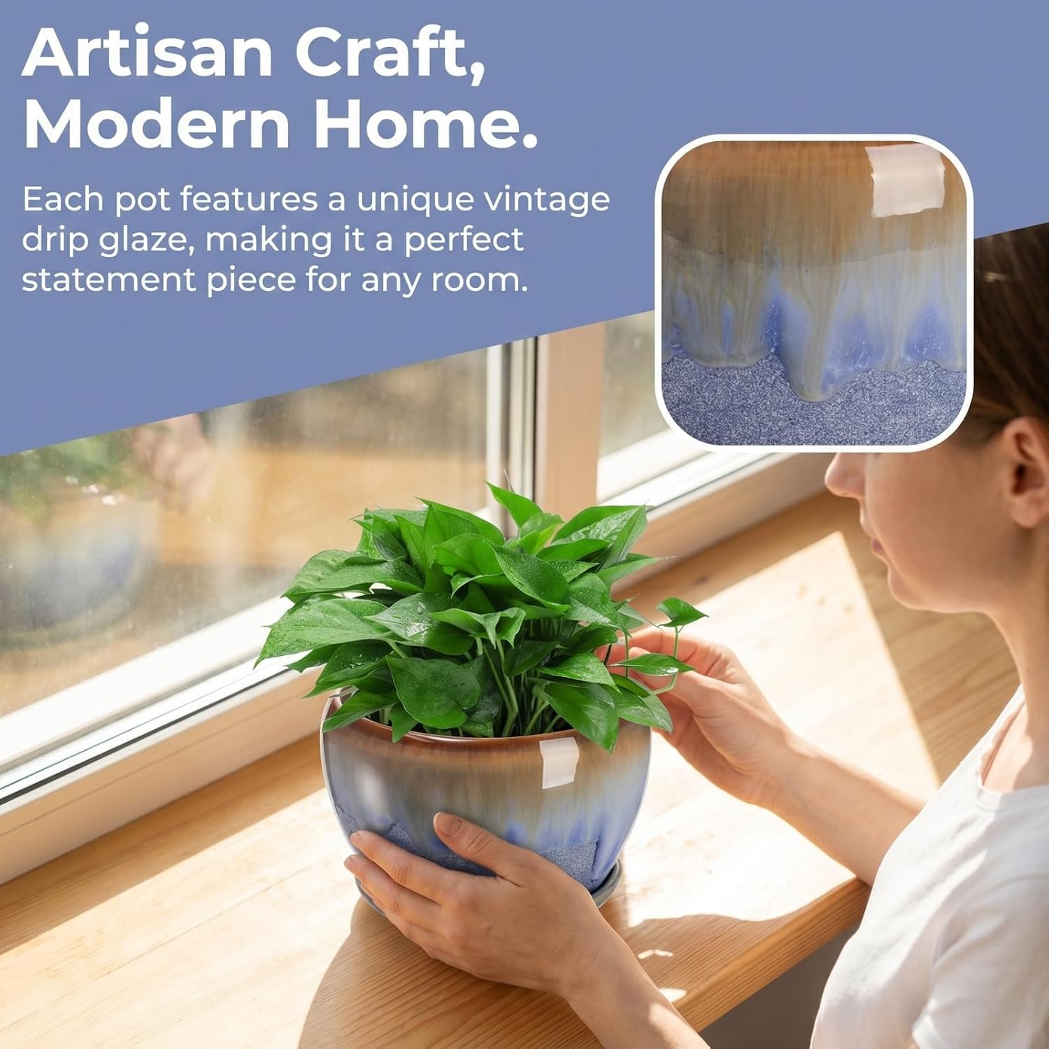 AVLA 3 Pack Ceramic Plant Pots, Gardening Drip Glazed Planters, Decorative Flower Pot with Drainage Hole and Saucer