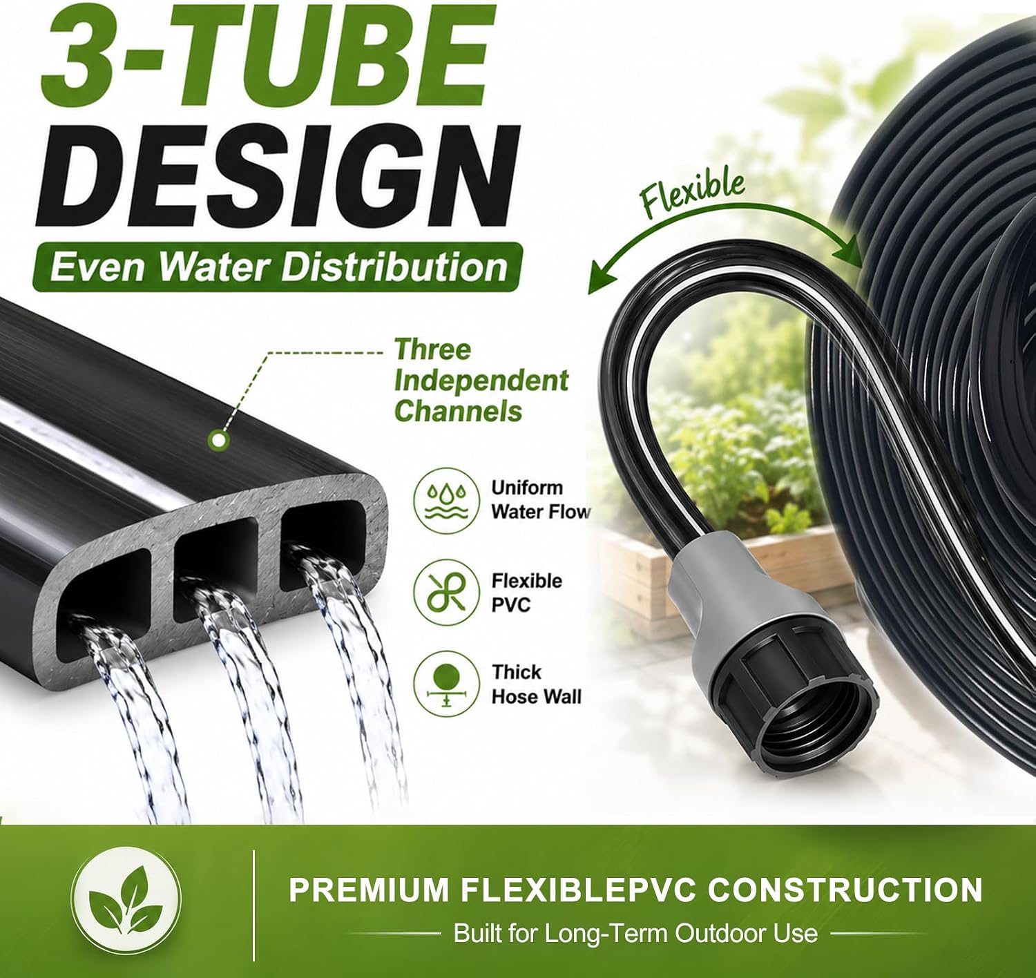 Sprinkler Hose with Holes, Flat Soaker Hose 100 Ft (25 ft 4pack) with Garden Staples and Splitters, Watering Drip