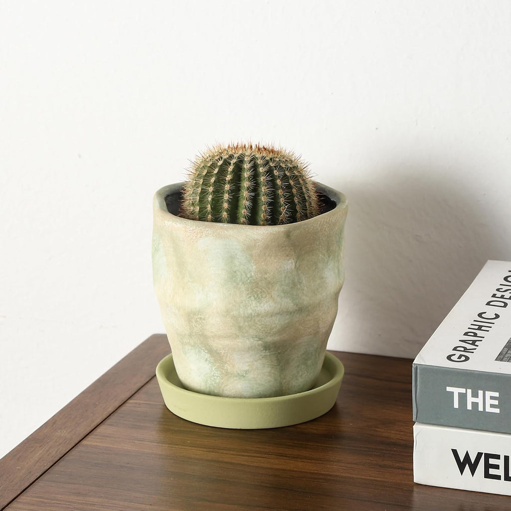 4+6 Inch Ceramic Planter Set of 2 with Drainage Hole,Saucer for Plants, Indoor-Outdoor Large Round Succulent Orchid