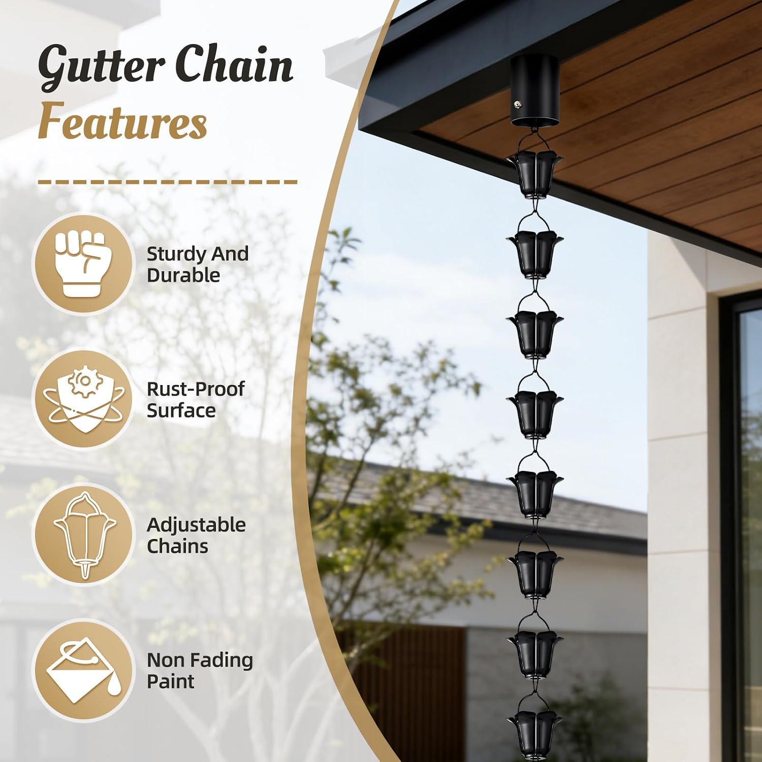 8.5 FT Black Rain Chain with Adapter for Gutters Downspouts Outside | 16 Cups Metal Material with Large Opening to