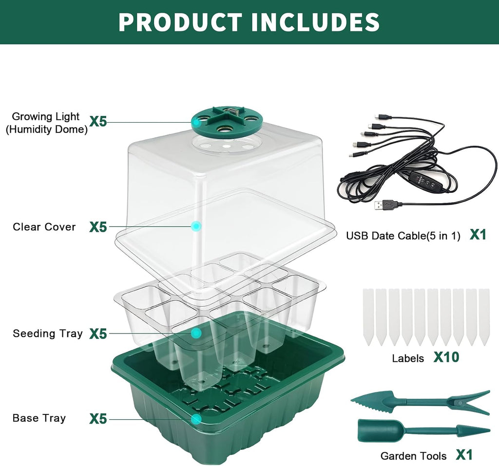 Seed Starter Tray, Seed Propagation Station with Grow Light,5 Pack | Seedling Starting Kit with Time Controller,Mini