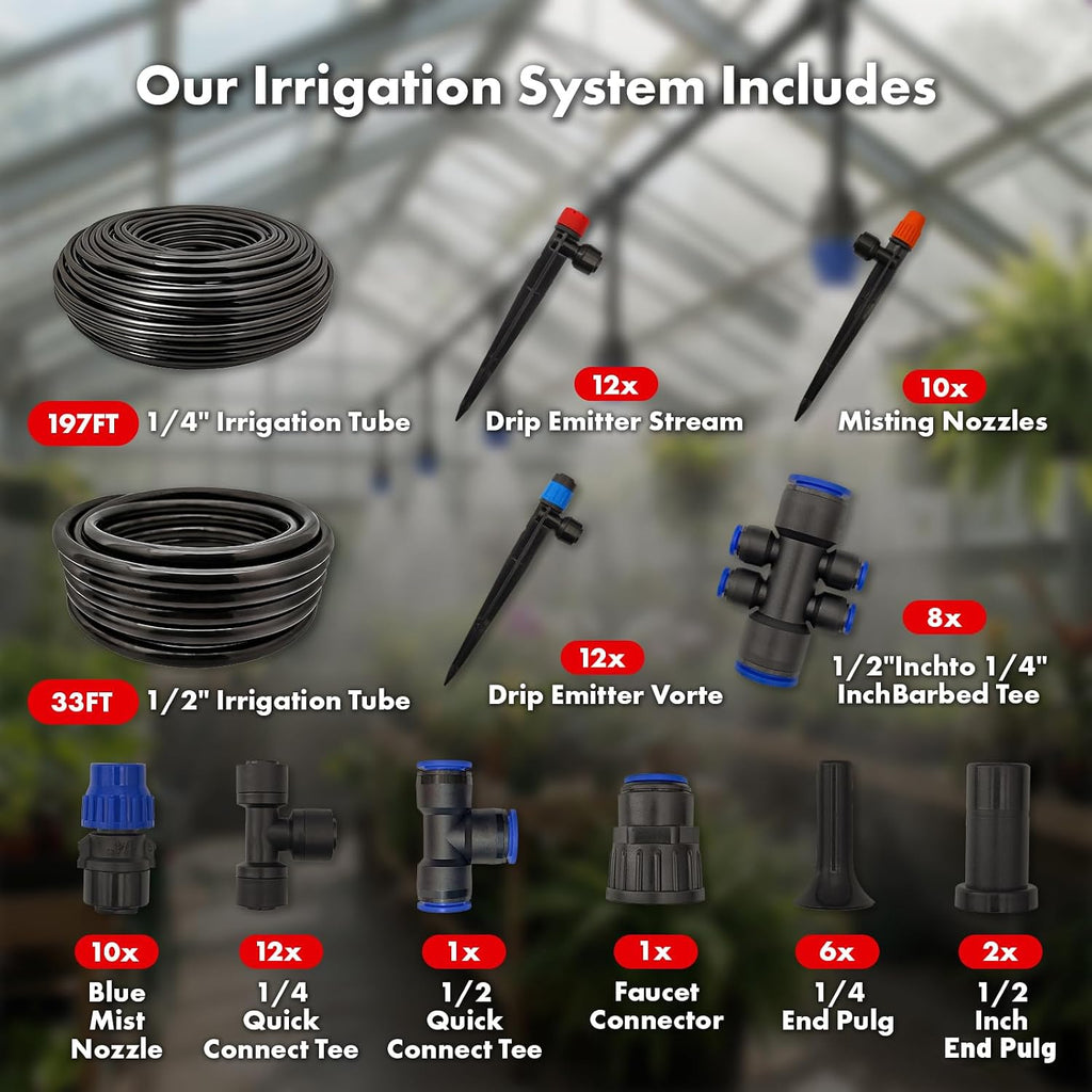 Drip Irrigation System 230FT Quick-Connect Drip Irrigation Kit with 1/4 inch 1/2 inch Irrigation Tubing Hose and