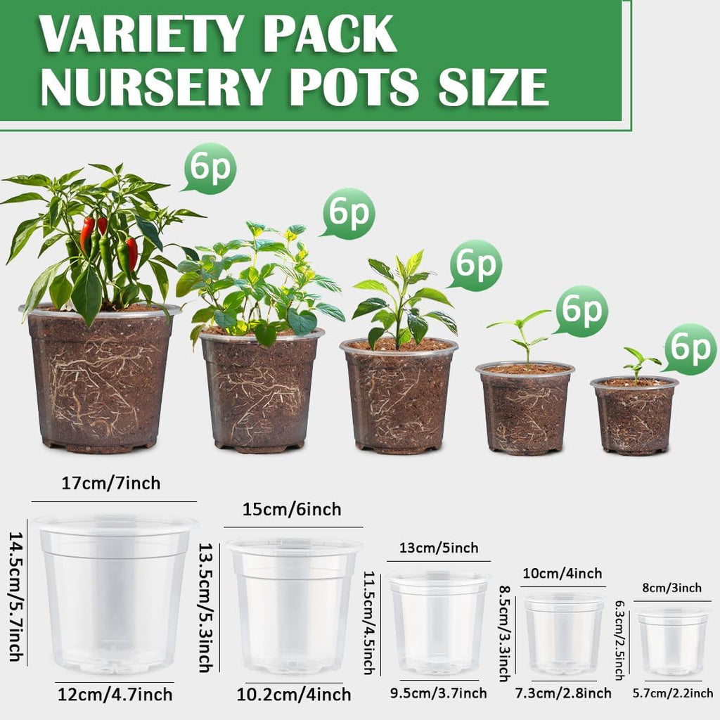 30 Pack 7/6/5/4/3 Inch Clear Nursery Pots for Plants, Flexible Plastic Plant Pots with Drainage Holes, Transparent Seed