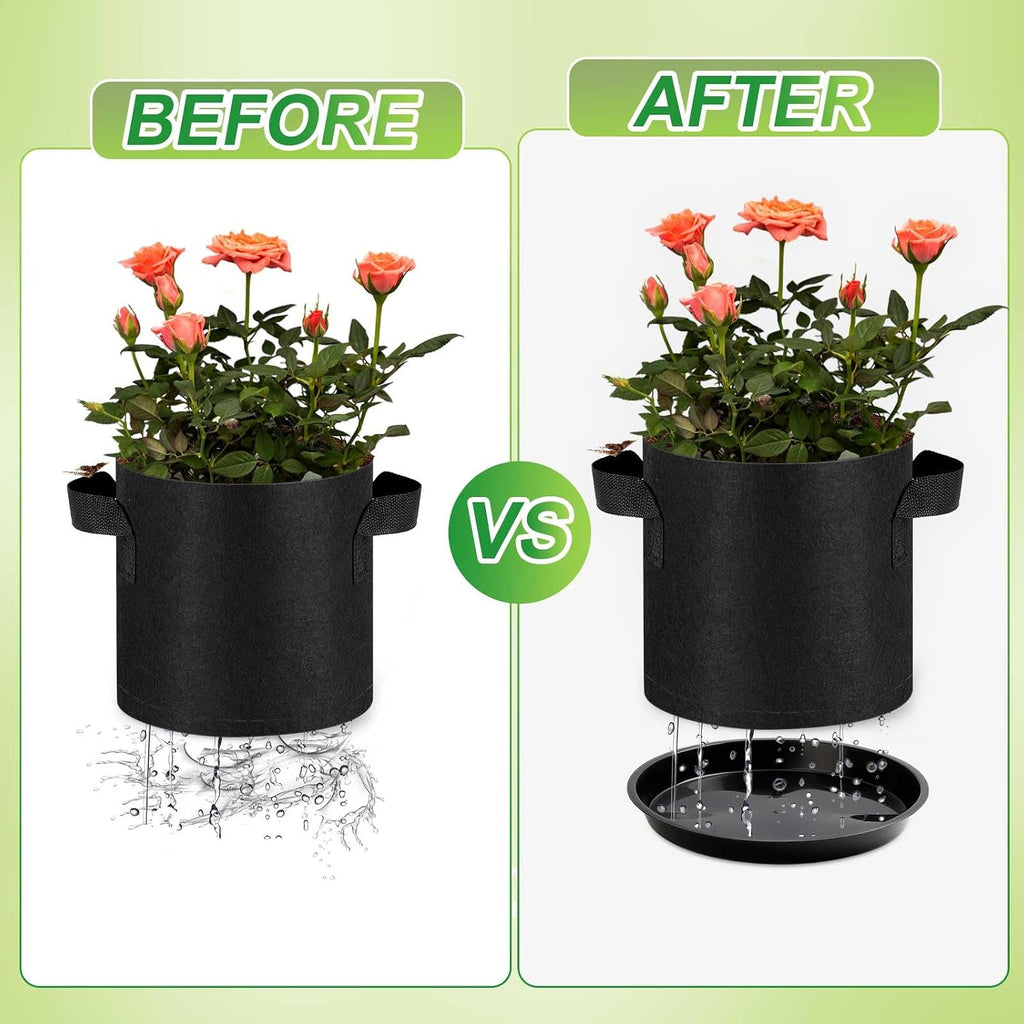 5 Pack 5 Gallon Grow Bags with 5 Plant Saucer and 5 Labels 260g Thickened Nonwoven Fabric Plant Pots with Handles