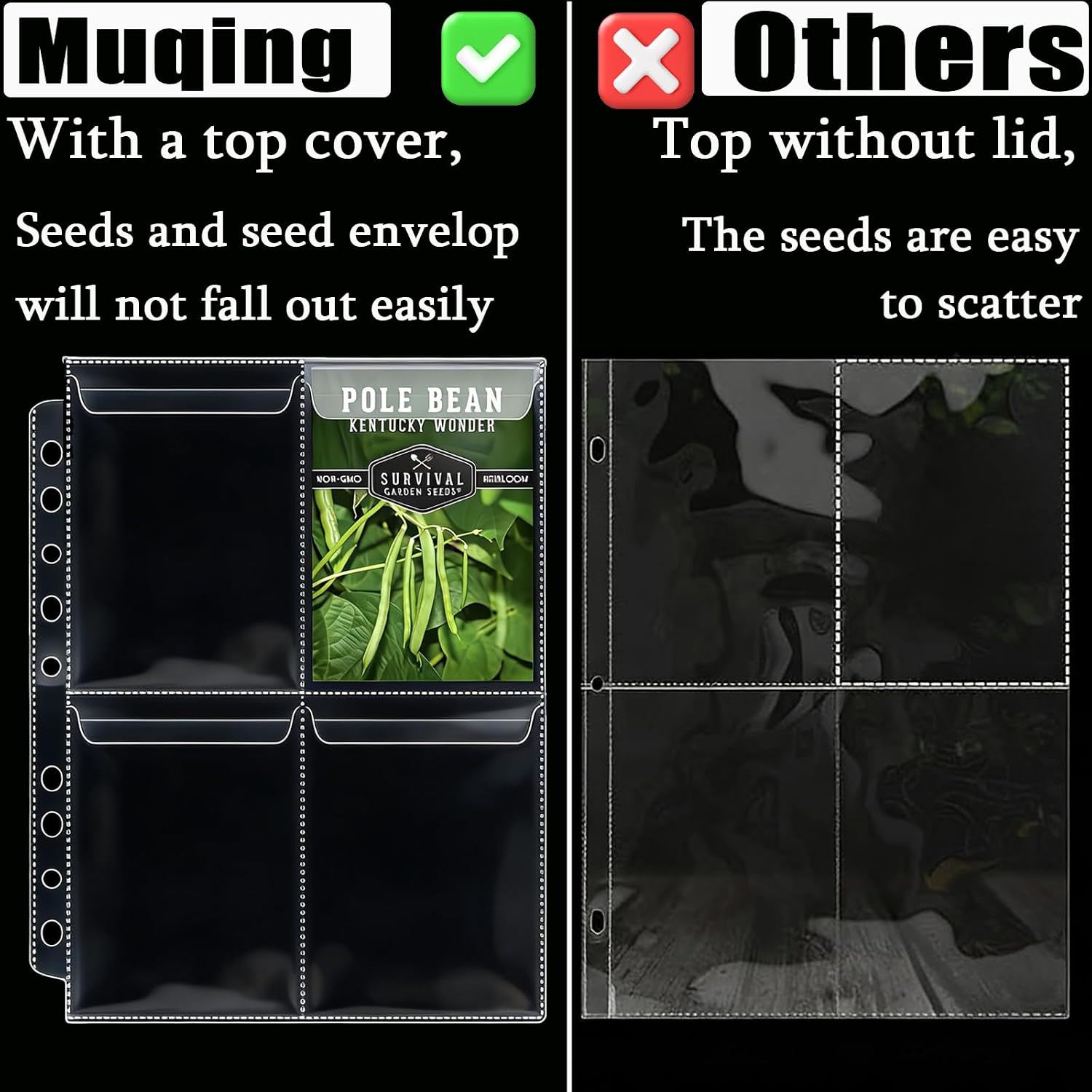 MUQING Seed Storage Organizer Binder, Flip-Top Lid Sleeves | 50 Pages + 12 Monthly Cards + 4-Season Color-Coded