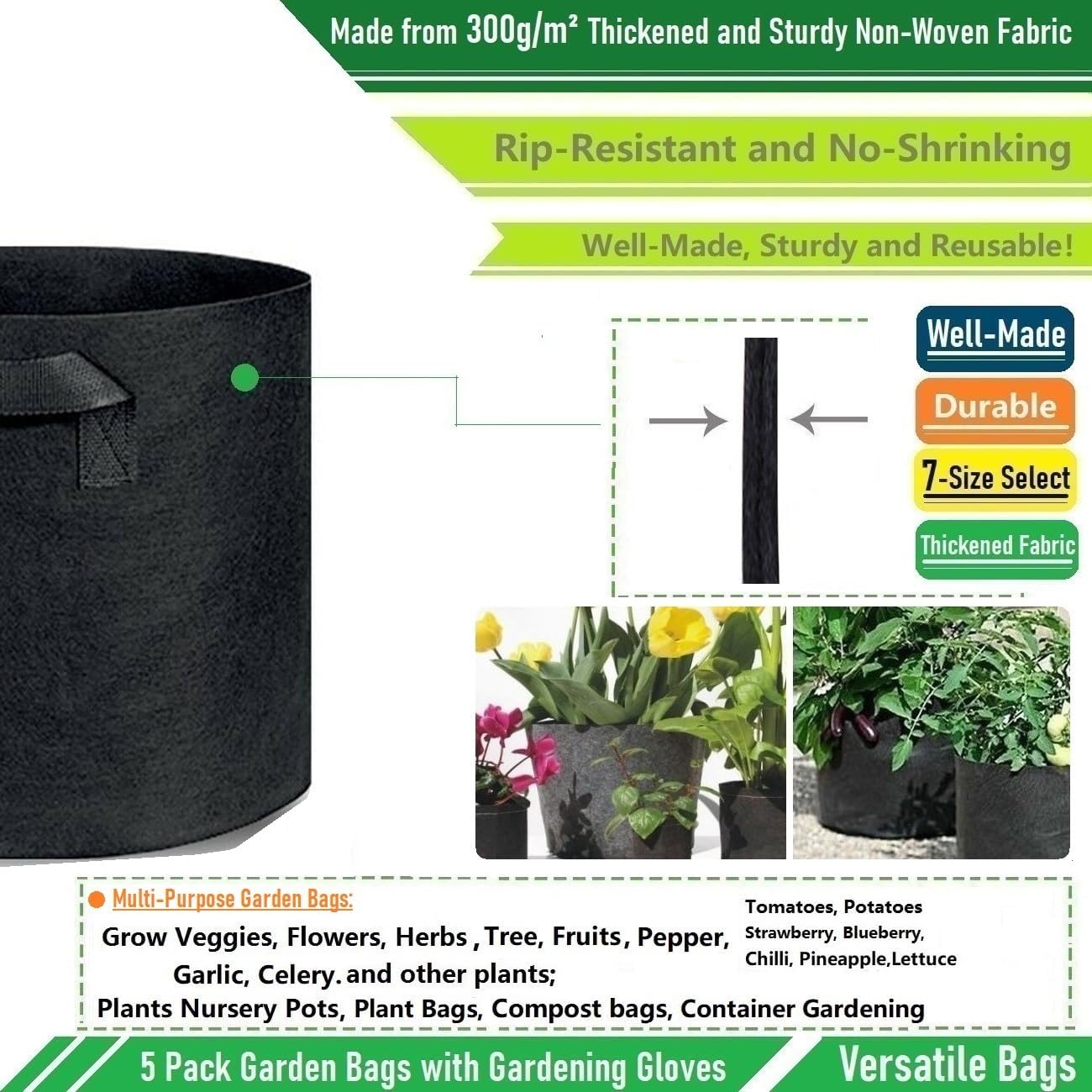 5-Pack 10 Gallon Thickened Plant Grow Bags (16x12 in) Fabric Plant Pots for Tomato,Potato Planters,Herbs Veggies