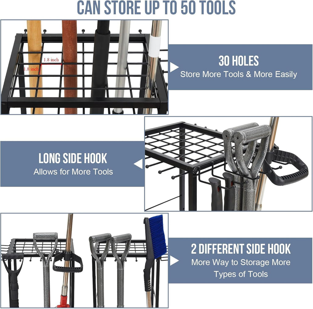 Garden Tool Organizer Holds 50 Long-Handled Tools/Rakes/Brooms/Shovles for Garage Organization and Storage, Shed