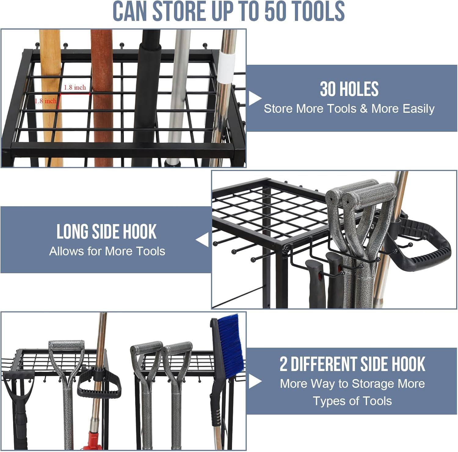 Garden Tool Organizer Holds 50 Long-Handled Tools/Rakes/Brooms/Shovles for Garage Organization and Storage, Shed
