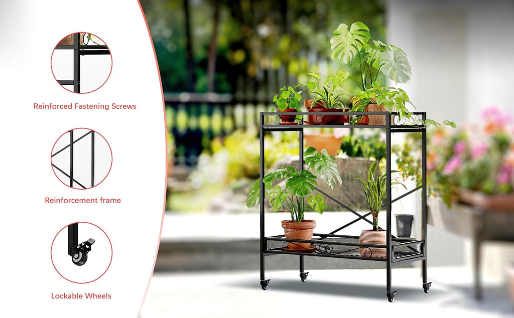 Zhongma 2 Tier Window Height Sturdy Metal Plant Stand with Wheels, 32.7x16x39.4 Inch High, Heavy Duty Succulent Shelf