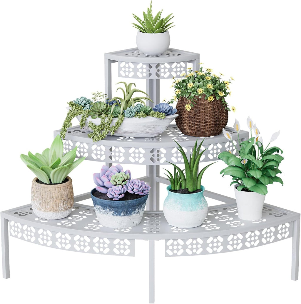 3-Tier Semi-Circular Metal Plant Stand, Quarter Round Rack | Semi-circular quarter-round design,3-tier stair style for
