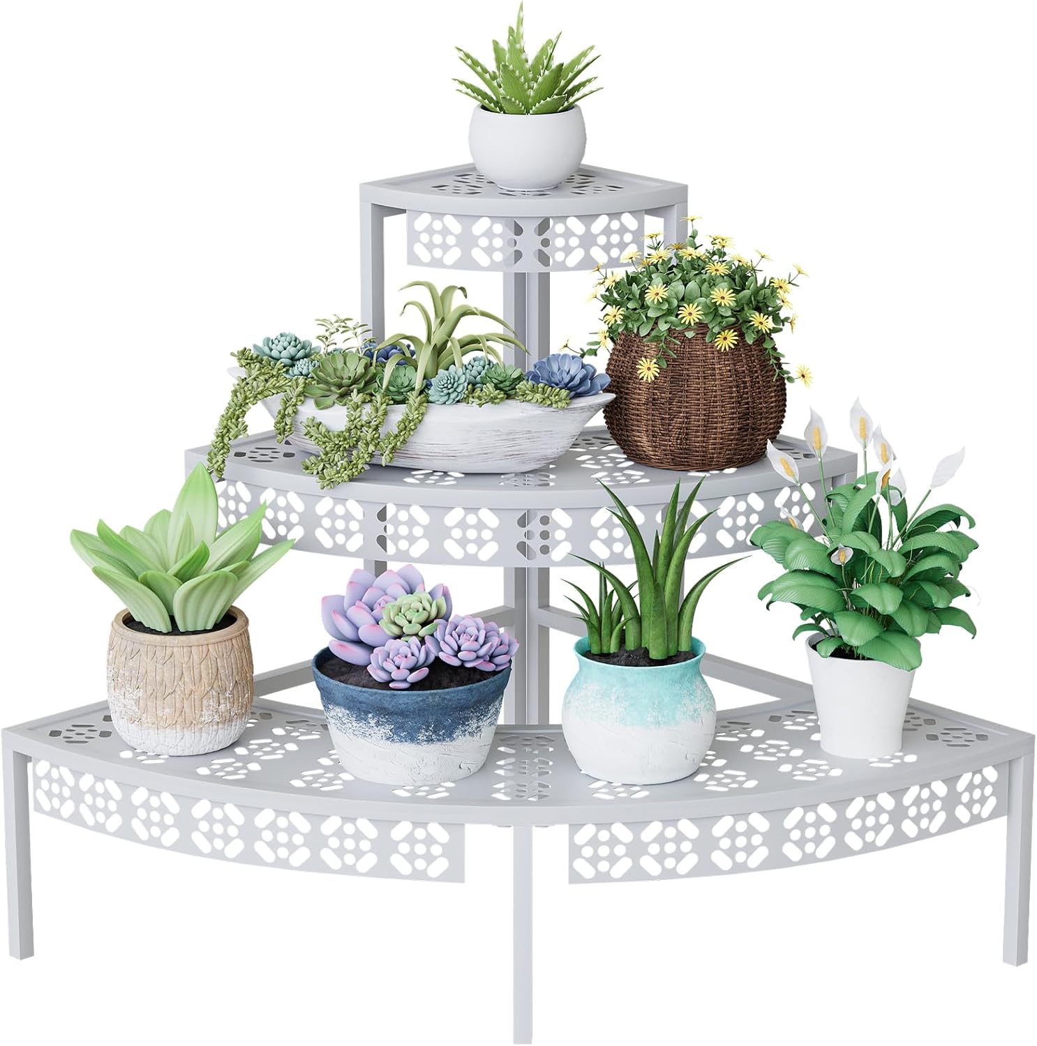 3-Tier Semi-Circular Metal Plant Stand, Quarter Round Rack | Semi-circular quarter-round design,3-tier stair style for