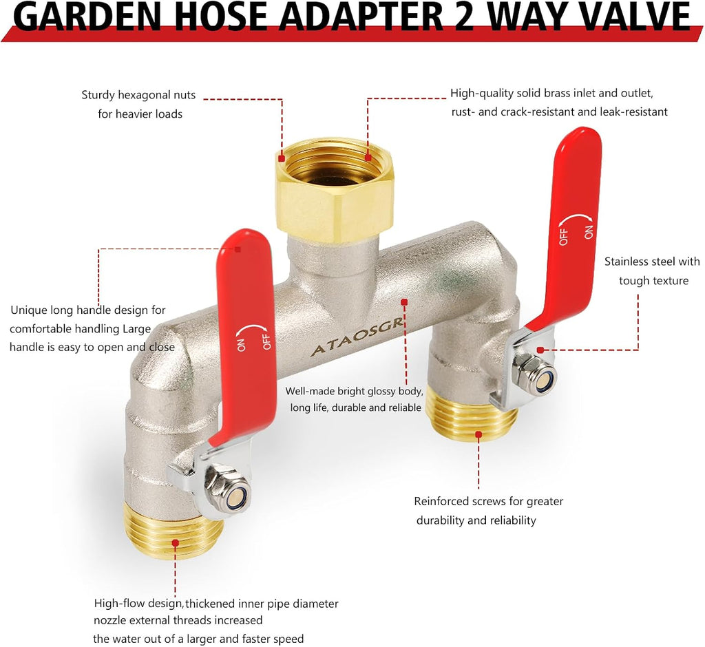 Garden Hose Splitter, 2 Way Heavy Duty Outdoor Faucet Splitter, Extra Long Handles High Flow Hose Adapter,with Shutoff