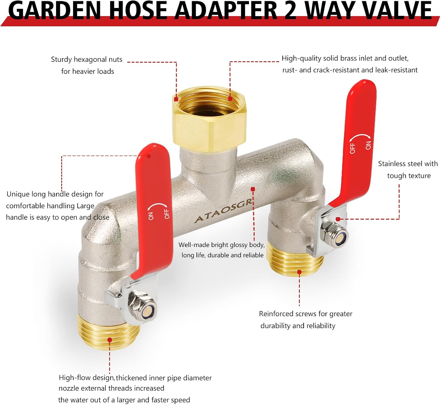 Garden Hose Splitter, 2 Way Heavy Duty Outdoor Faucet Splitter, Extra Long Handles High Flow Hose Adapter,with Shutoff