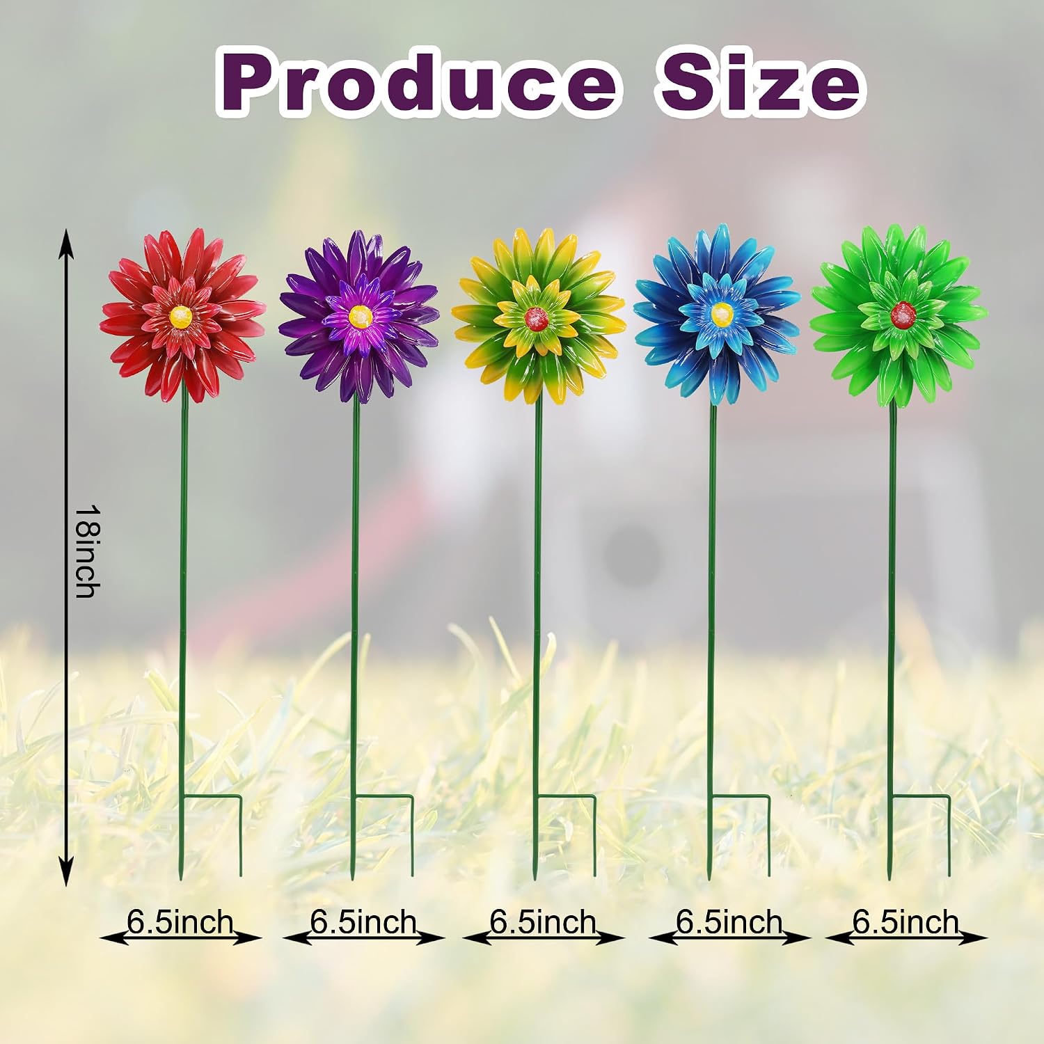 Metal Flower Wind Spinner Garden Stake Yard Art, Lawn Windmill Ornaments | WEIBEFEE; 5 Pieces;Lawn Ornament; 27 Inch
