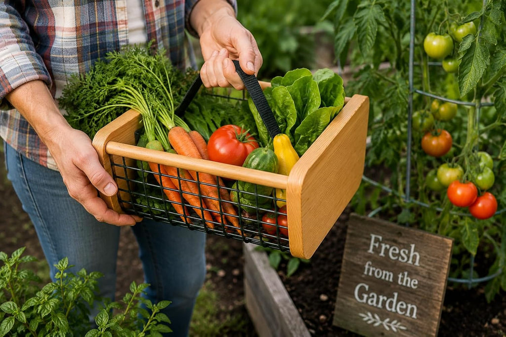 Garden Hod Harvest Basket – Wood & Wire Harvest Basket for Collecting Vegetables, Fruits, Flowers & Eggs, Rustic