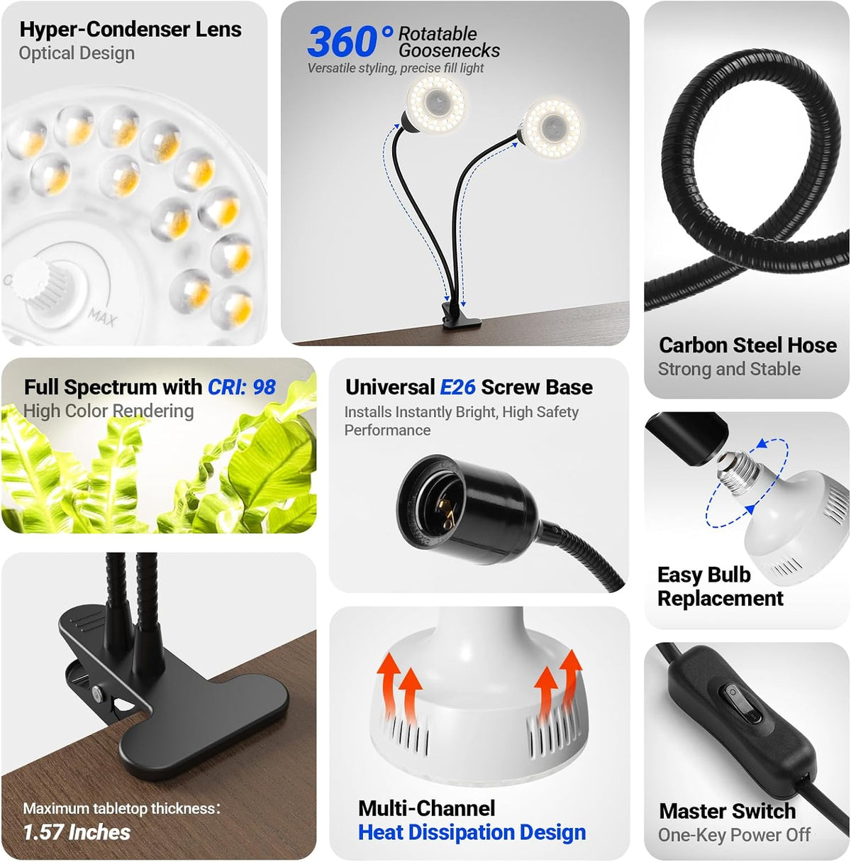 Barrina OG11A2 Clip On Grow Light for Indoor Plants, 4000K 22W(2 x 11W) | Integrated Stepless Dimming & Timing, Full