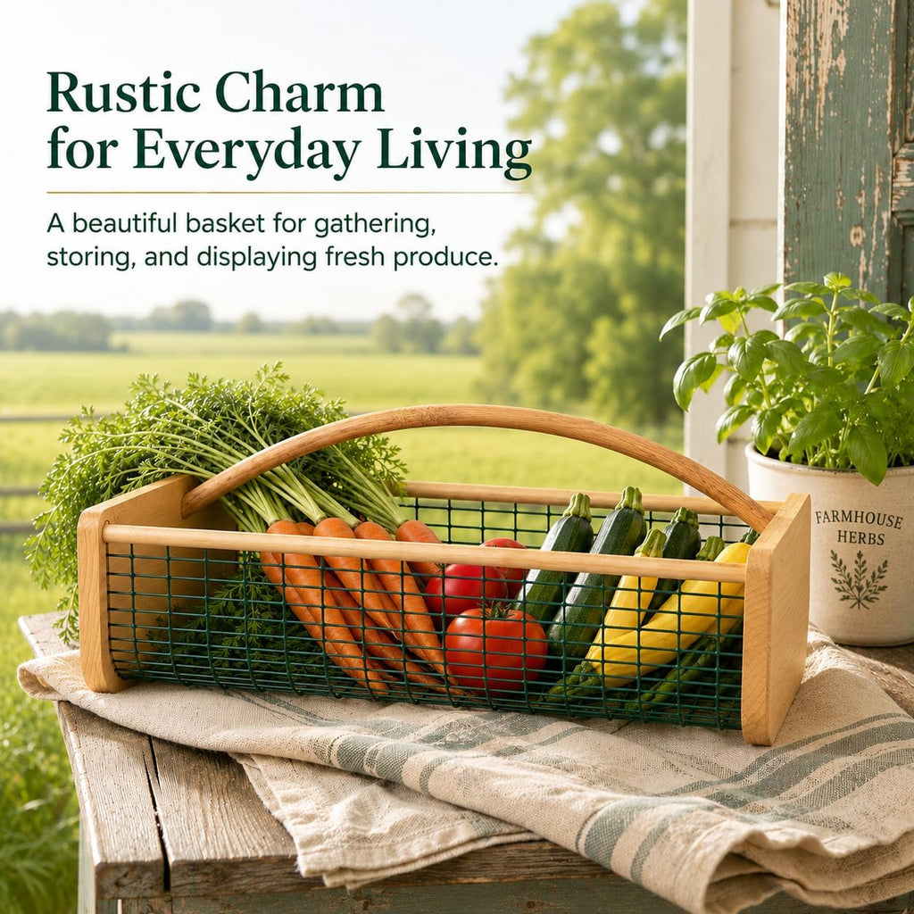 Large Garden Harvest Basket for Vegetables | Wooden Garden Hod with Handle, Coated Metal Mesh Produce Caddy for