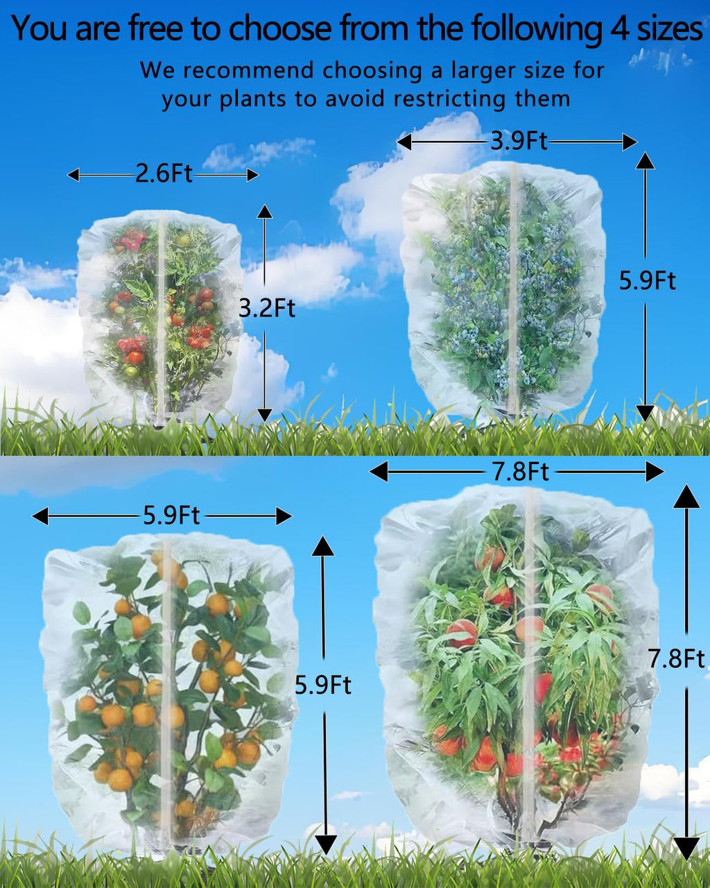 4 Pack Fruit Tree Netting with Zipper & Drawstring, 3.9 x 5.9 Ft Reusable Blueberry Bush Netting Cover, Durable Bird