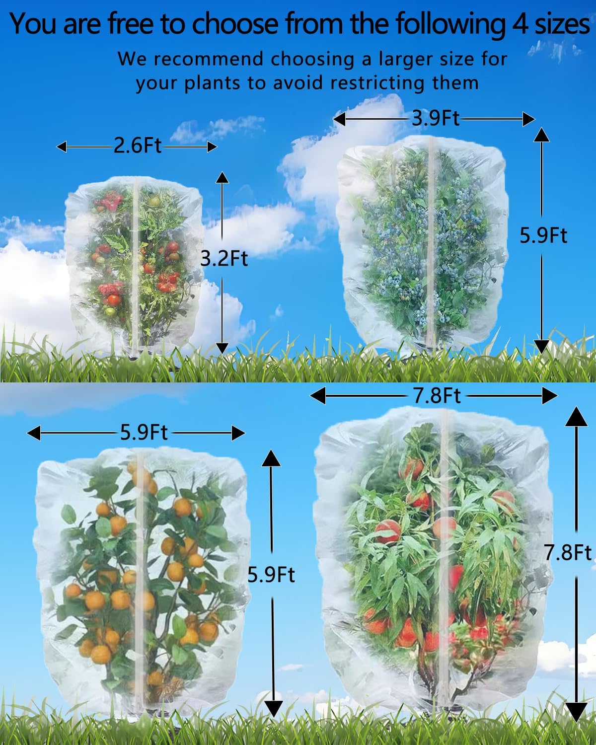 4 Pack Fruit Tree Netting with Zipper & Drawstring, 3.9 x 5.9 Ft Reusable Blueberry Bush Netting Cover, Durable Bird