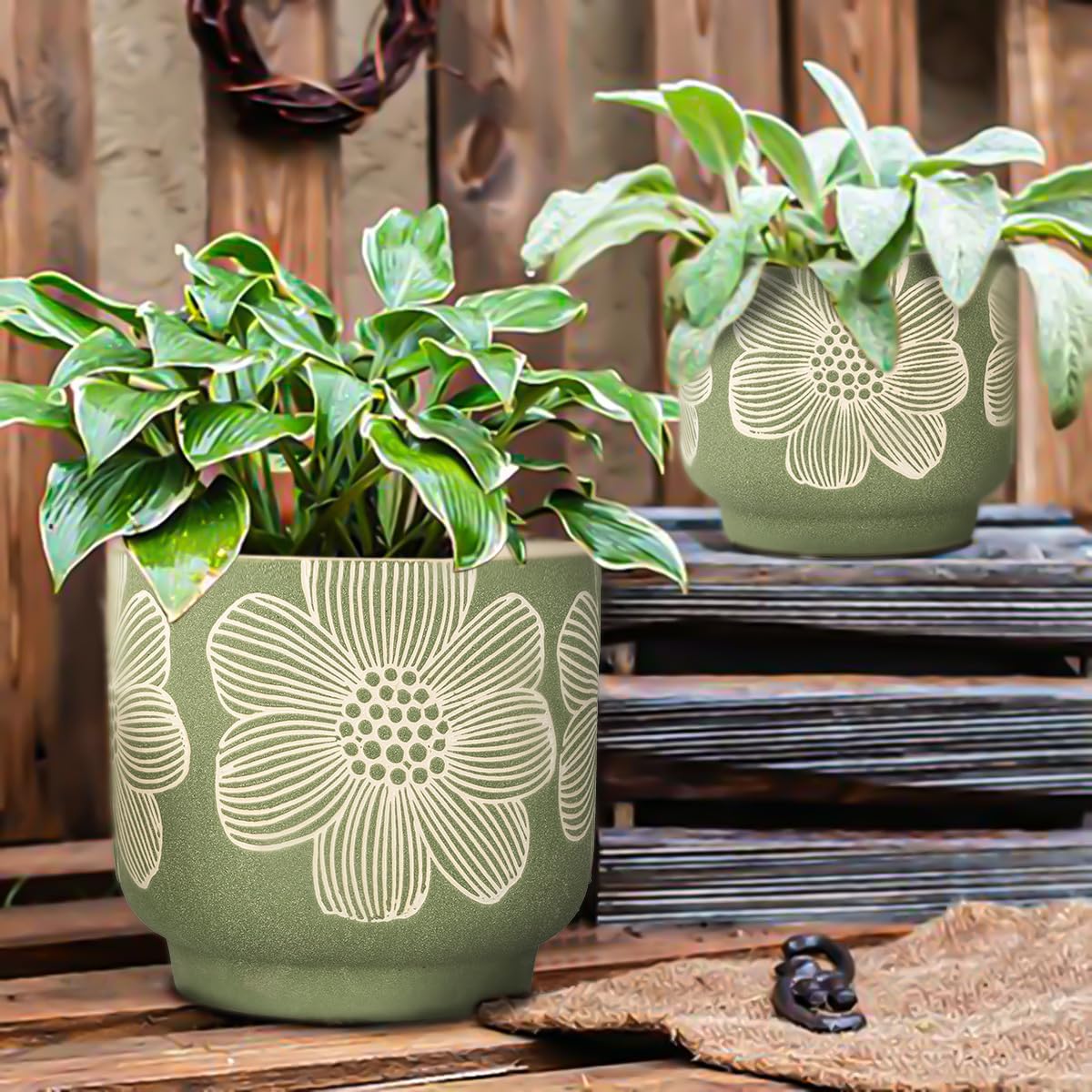 Ceramic Plant Pots, 8+6 Inch, 2 Pcs Indoor Planters with Drainage Holes | Green sand-glazed ceramic planters with
