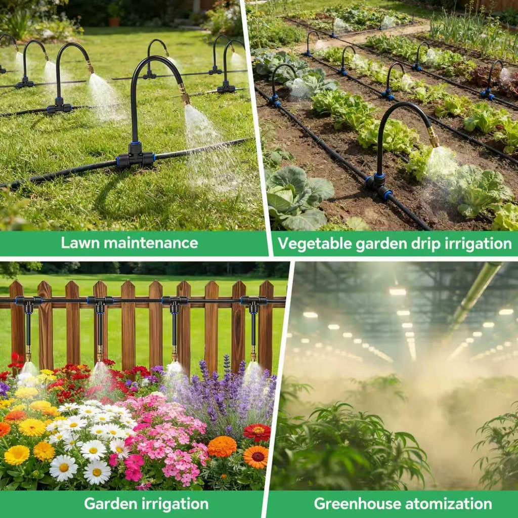 120Ft 1/4" Drip Irrigation System for Garden – 26 Adjustable Copper Nozzles, Automatic Atomizing Sprinkler System for
