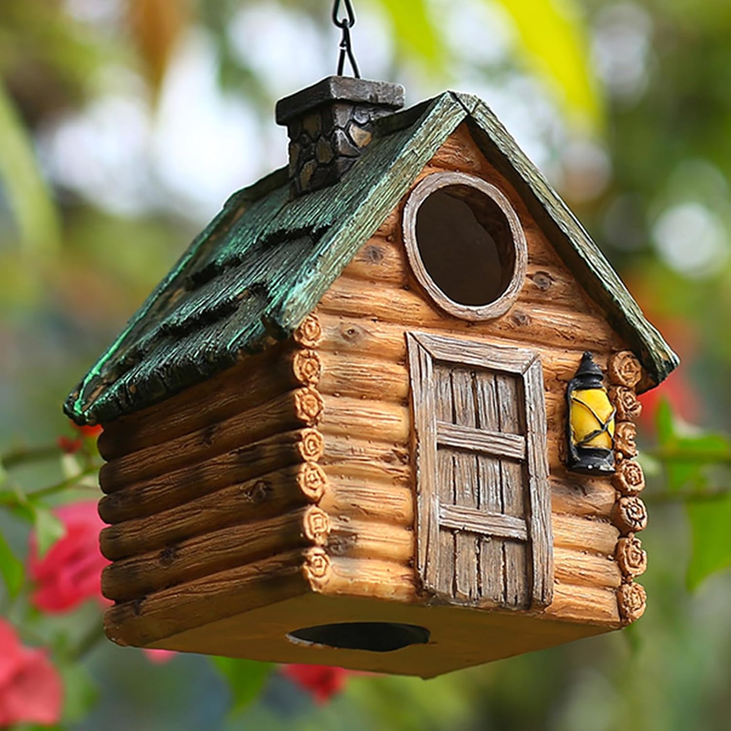 Bird Houses for Outside Real Wood-Look Resin Bird House with Hanging Chain – Waterproof & Durable Forest Birdhouses for