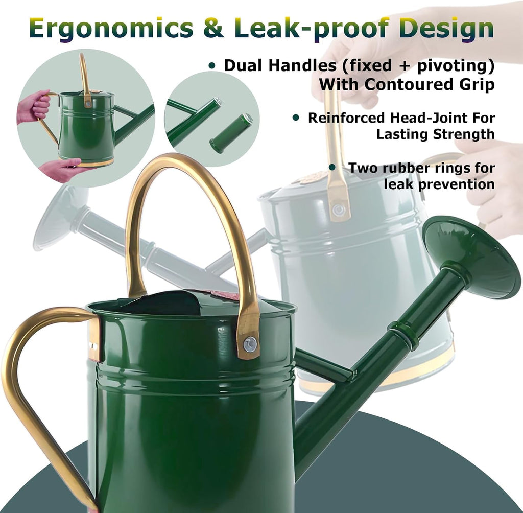 1 Gallon Green Metal Watering Can with Solid Brass Accents | Solid brass top and side handles, removable watering rose