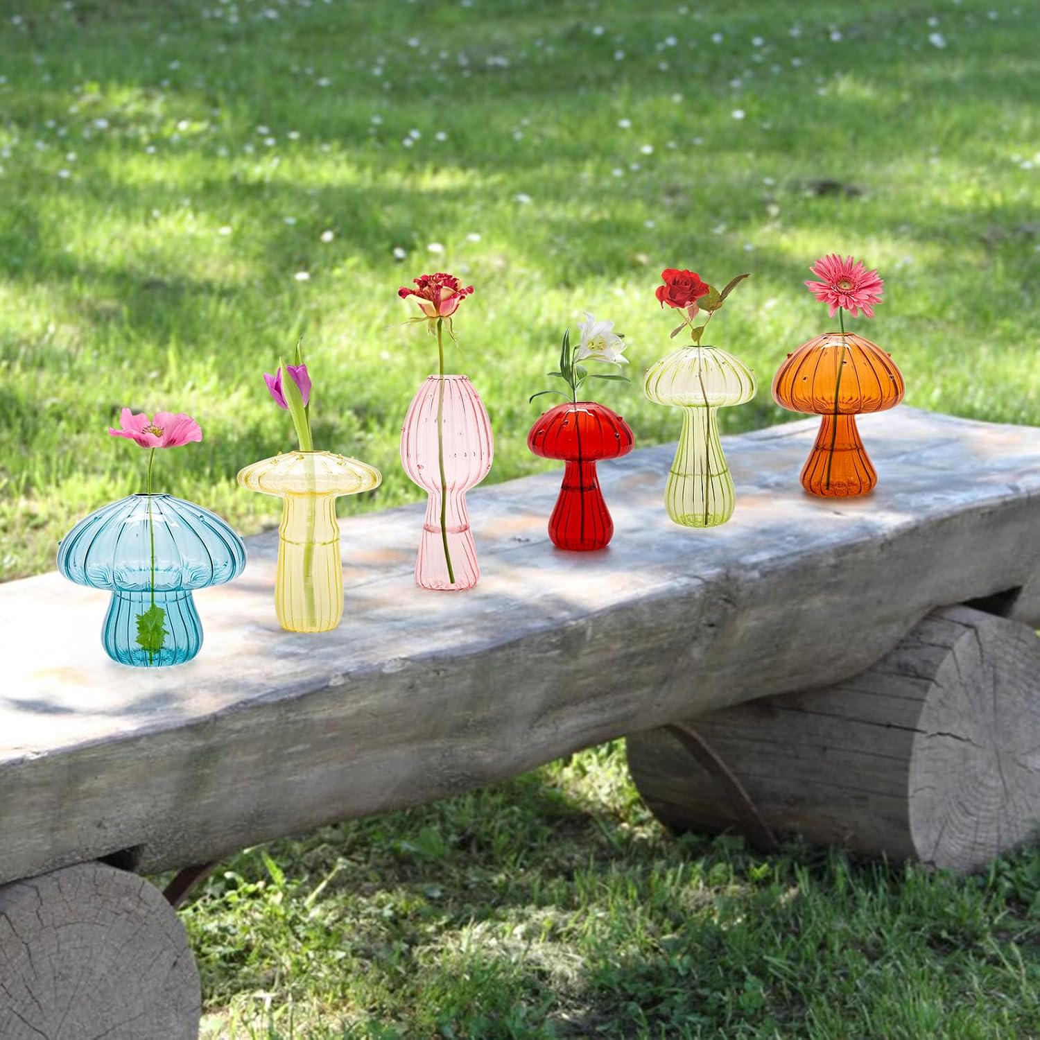 6Pcs Mushroom Vase, Colored Glass Vase,Mushroom Propagation Vases for Plants, Cute Hydroponic Flower Vase, Small Bud