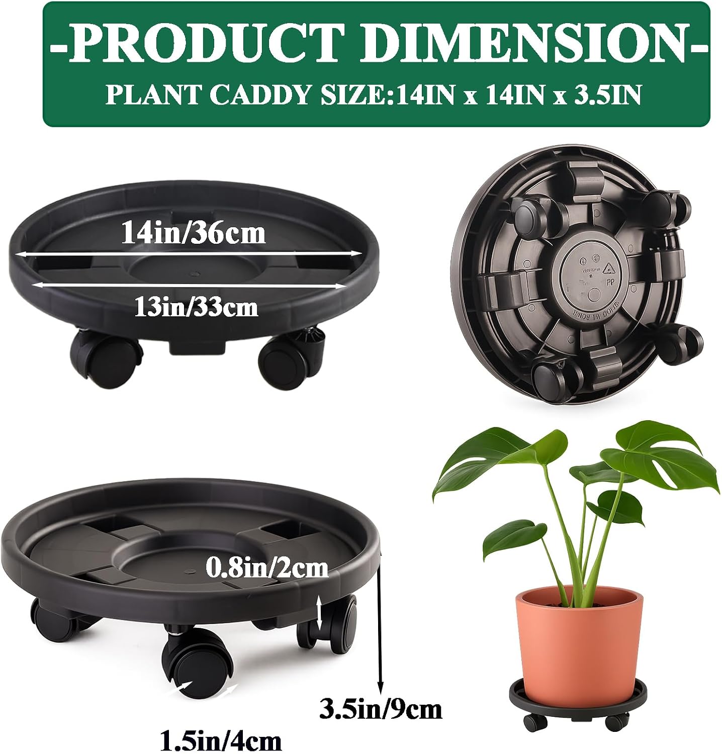 Rolling Plant Stand Outdoor 3 Pack 14 Inch Plant Caddy with Wheels, Black | Durable plant platform, smooth mobility for