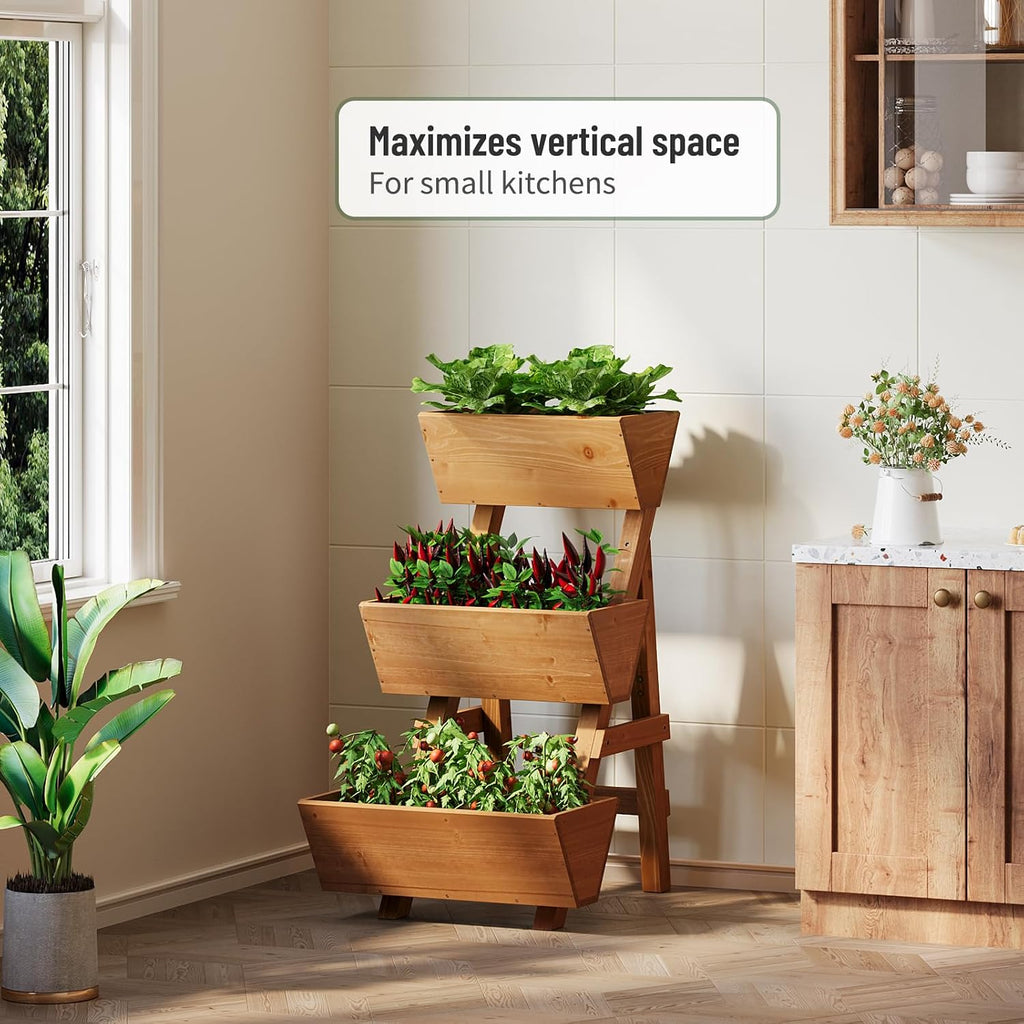 3-Tier Vertical Wooden Raised Garden Bed, Garden Planter Box, Small-Brown | Freestanding Wood Flower Rack, Planter Box