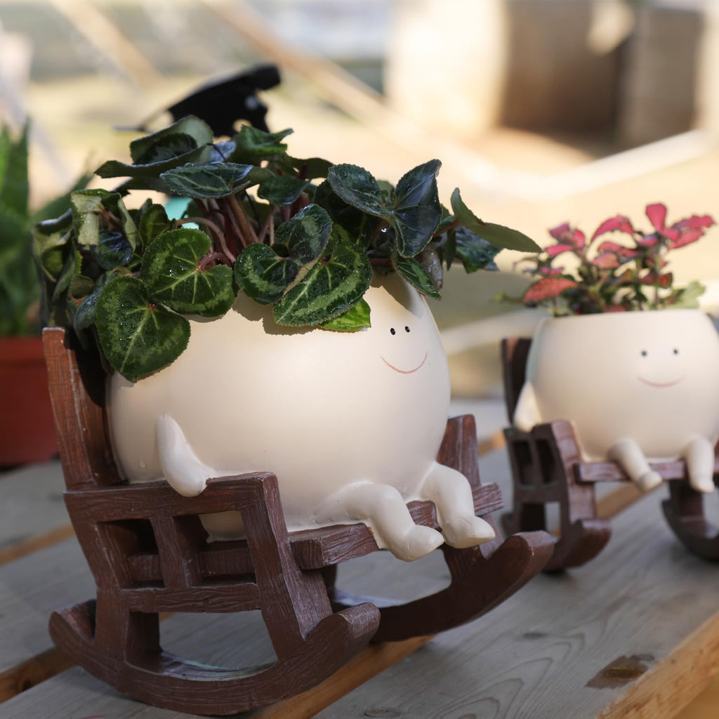 Smily Face Planter Pot Cute Resin Flower Head Planters for Indoor Outdoor Plants Unique Sitting Rocking Chairs
