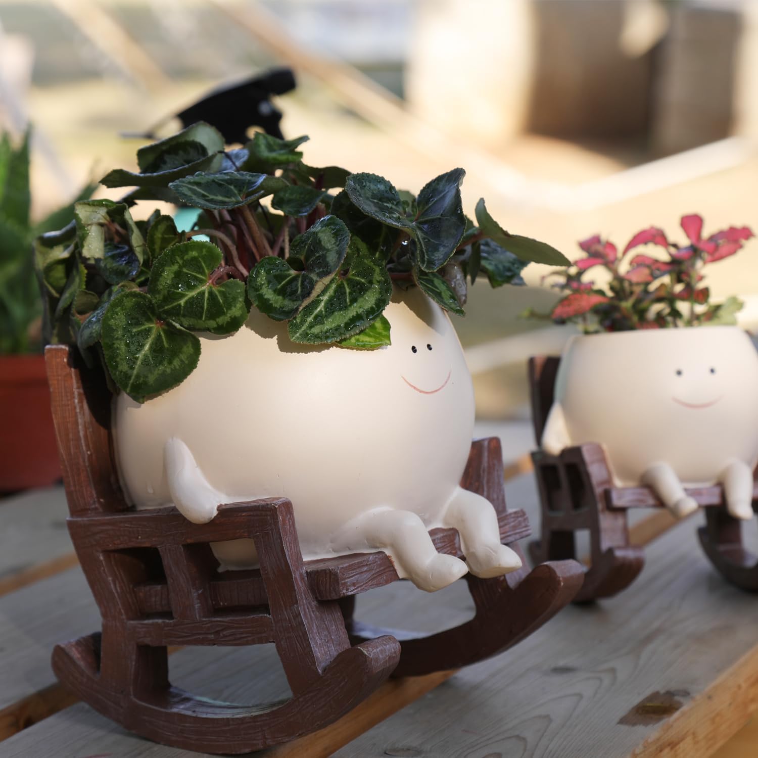 Smily Face Planter Pot Cute Resin Flower Head Planters for Indoor Outdoor Plants Unique Sitting Rocking Chairs