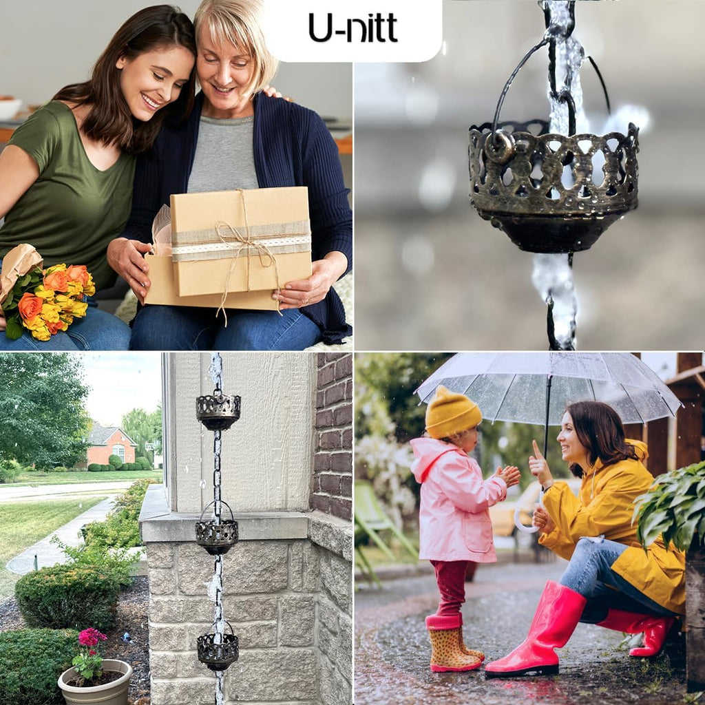 U-nitt Rain Chain Water Collection for Gutters Rainwater Catcher & Diverter, 8.5 FT Chains for Outside Garden, Antique