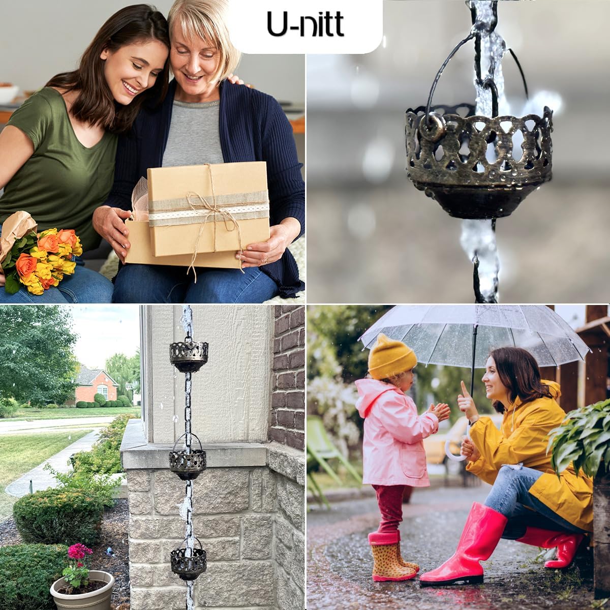 U-nitt Rain Chain Water Collection for Gutters Rainwater Catcher & Diverter, 8.5 FT Chains for Outside Garden, Antique