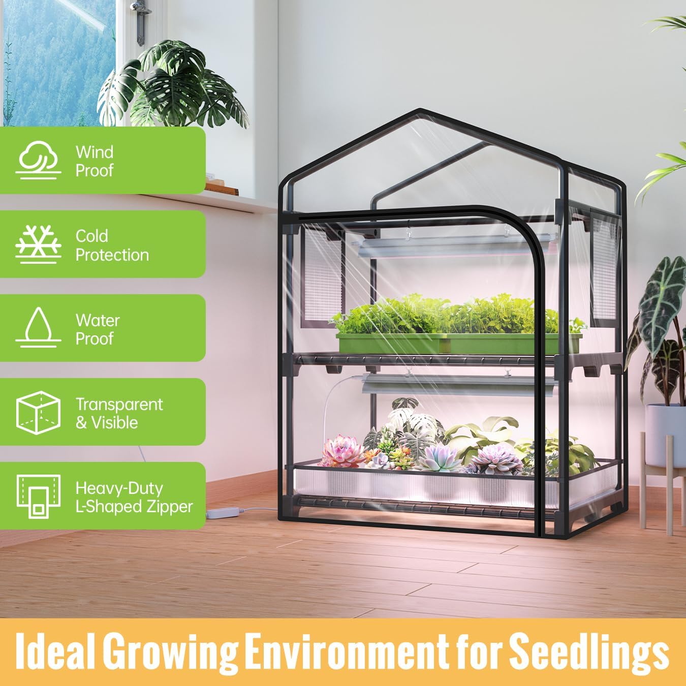 Indoor Greenhouse with Grow Light, 2-Tier Plant Stand, 27x19x35in | 1.64FT T5 Grow Light for Seedlings, PVC Tent with