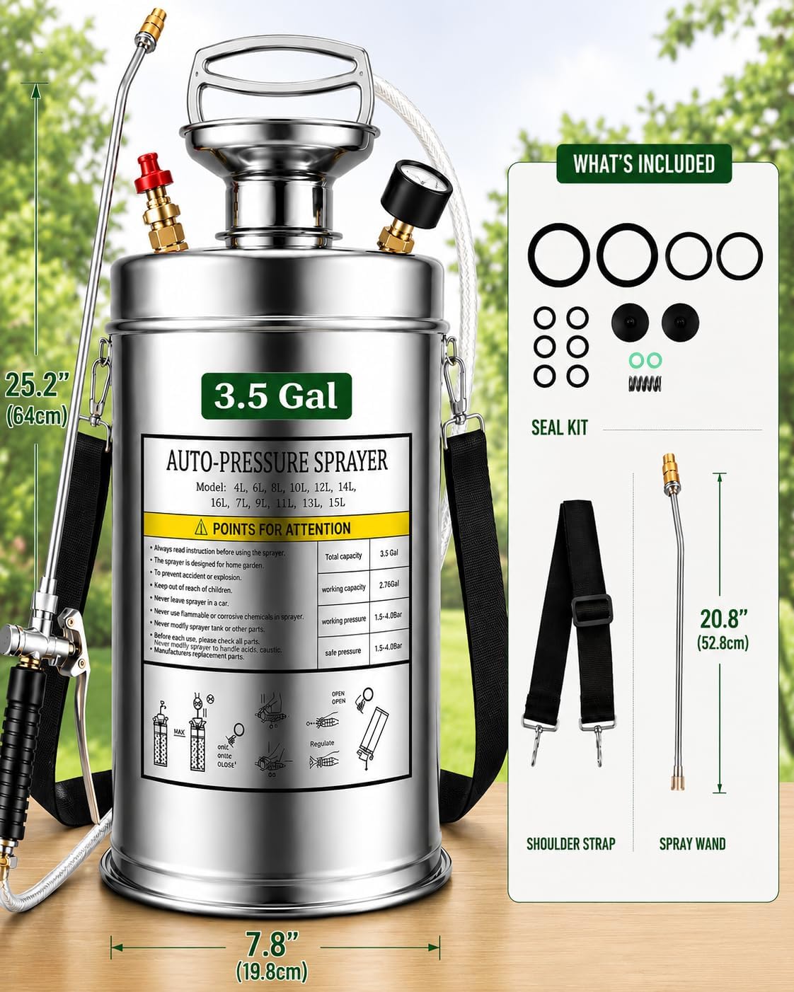 3.5 Gallon Stainless Steel Sprayer, Hand Metal Pump Up Sprayer Reinforced Hose with Pressure Gauge, Safety Valve &