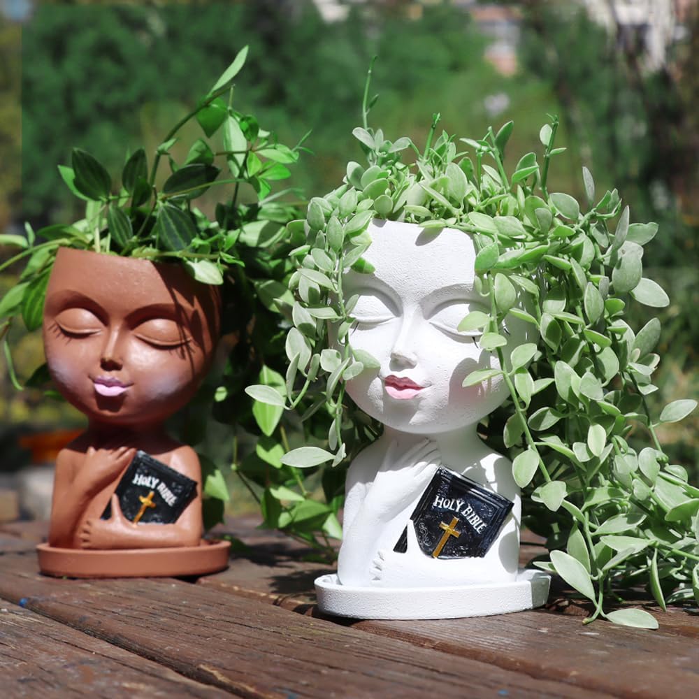 Face Planters Pots Head for Indoor Outdoor Plant Unique Head Planter Holding Book Confessional Girl Face Flower Pot