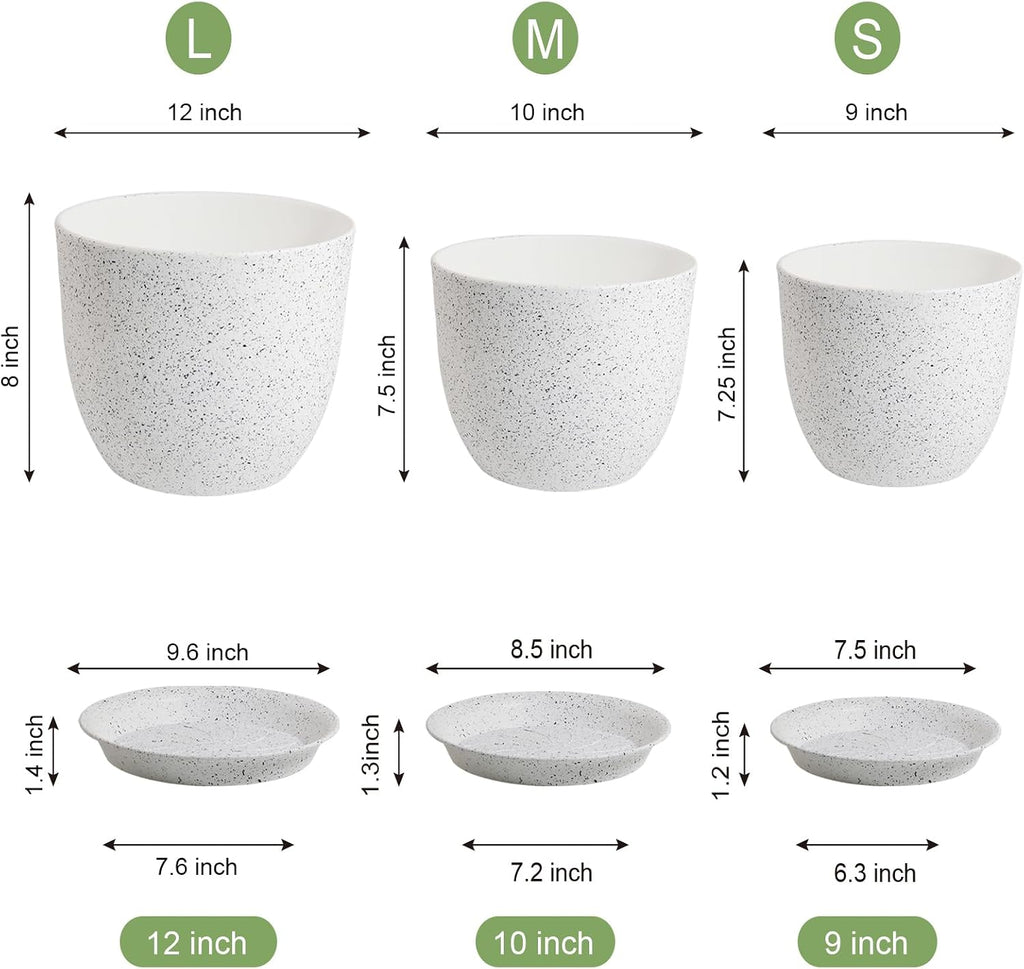WSMKSZ Large Flower Pots 12/10/9 inch, Set of 3 Modern Decorative Plastic Planters with Drainage Holes and Saucers for