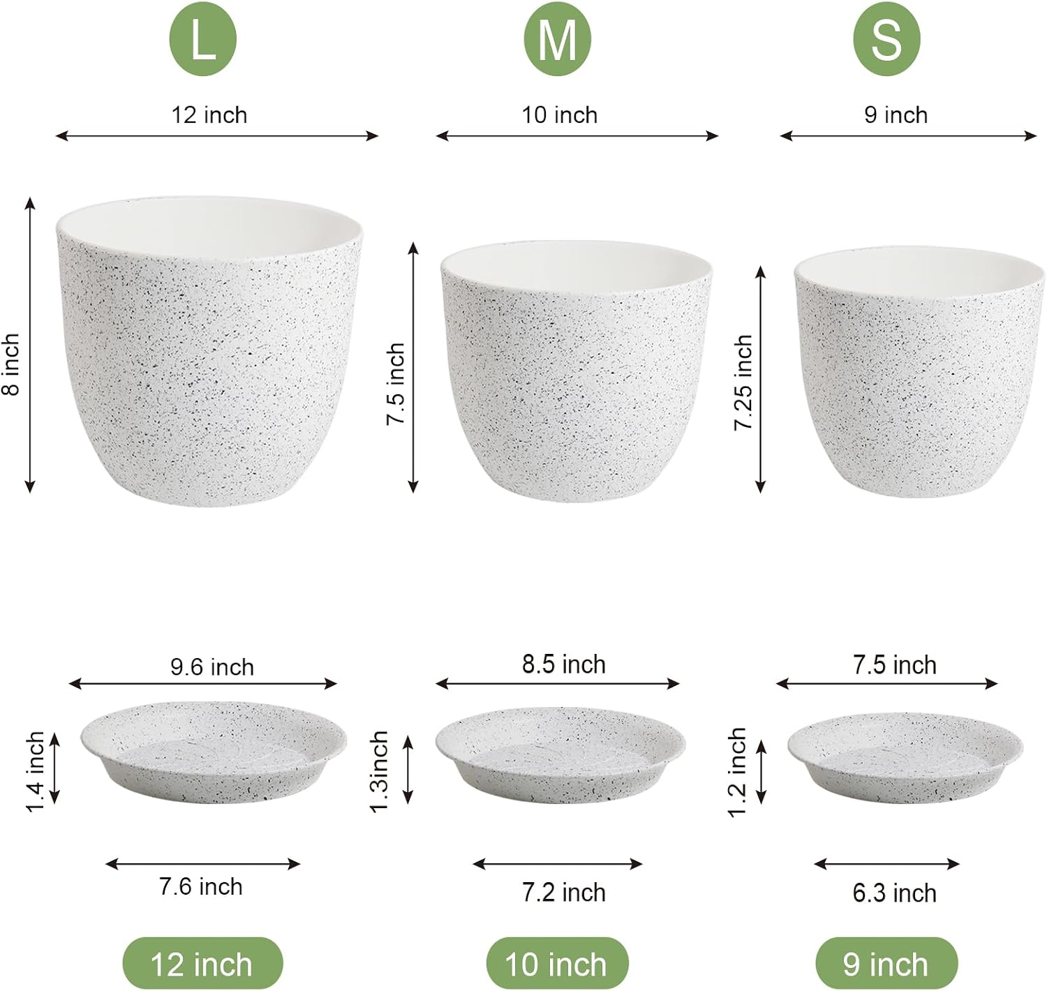 WSMKSZ Large Flower Pots 12/10/9 inch, Set of 3 Modern Decorative Plastic Planters with Drainage Holes and Saucers for