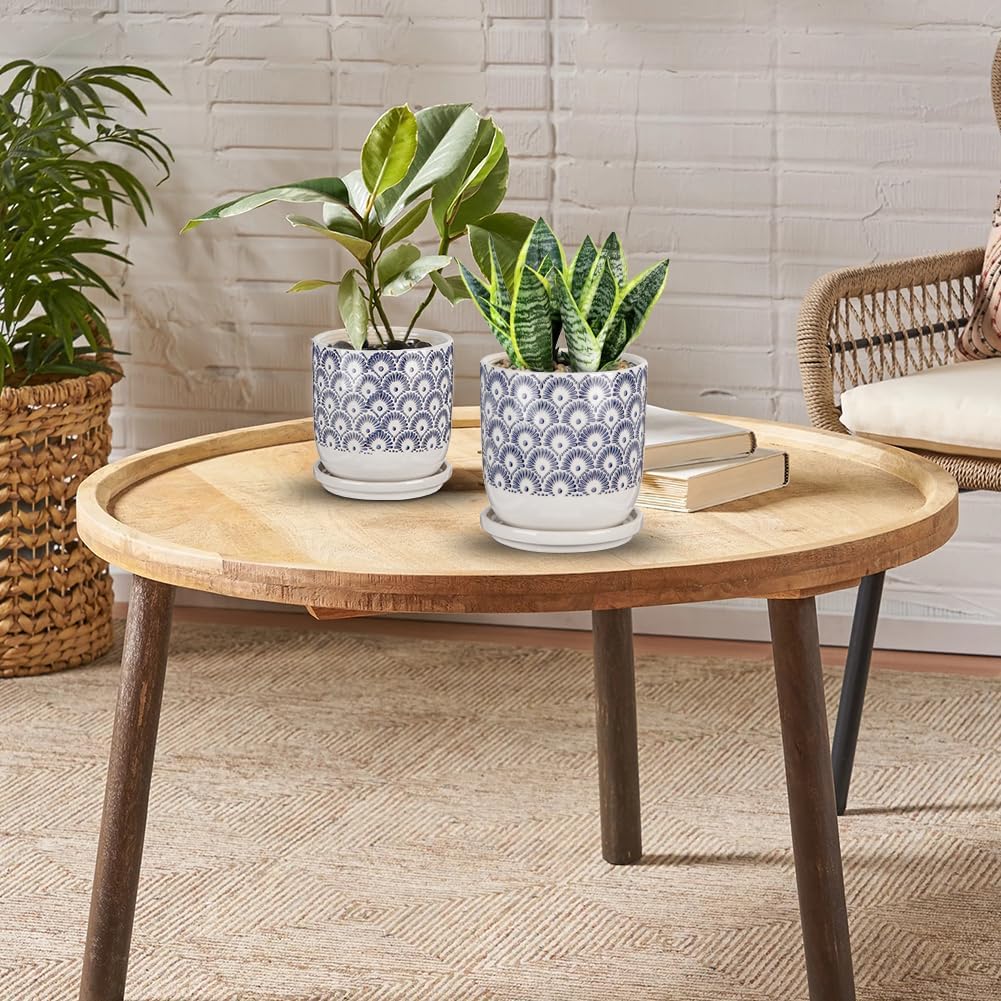 Ceramic Planter Pots for Indoor Outdoor, 5+6 inch Round Flower Pots with Drainage Hole and Tray, Blue and White Plant