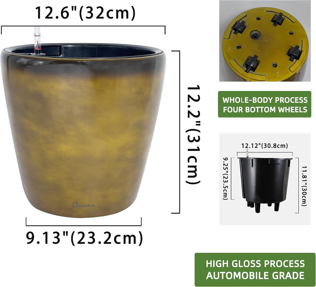 Dexceder 13x12 Self Watering Planter with Wheels (Yellow Brown Gradient) | Inner Pot Design, Thickened Large Floor