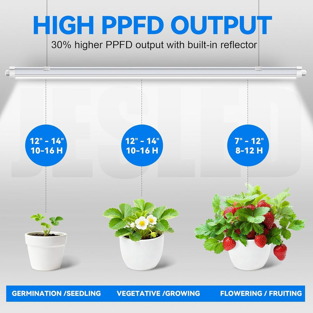 JESLED Waterproof T8 Grow Lights, 4FT 5000K Full Spectrum Daylight, 2Packs | 96W(2 X 48W), 600W Equivalent, V-Shaped